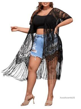 Plus Size Lace Sheer Fringe Trim Kimono Cover Up Dress Short Sleeve